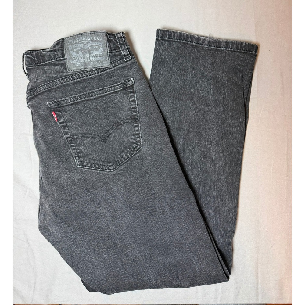 Levis 505 Regular Fit Jeans Mens 34x30 Faded Black Straight Leg Stretch Denim
